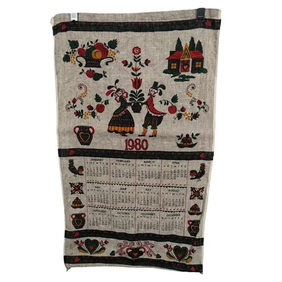 1980 Calendar Wall Hanging Linen Tea Towel Pennsylvania Dutch Folk Art Gen X - Picture 1 of 7